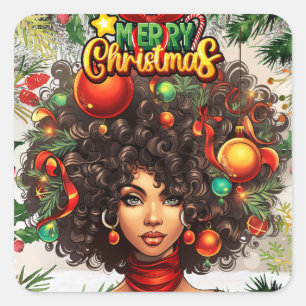 Sticker Carré Black Woman Melanin Noël Afro Natural Queen