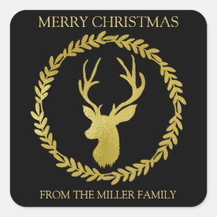 Sticker Carré Black Wreath Gold Deer Texte personnalisé Noël