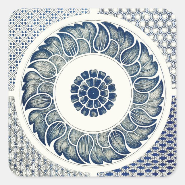 Sticker Carré Blanc bleu Floral chinois rond (Devant)