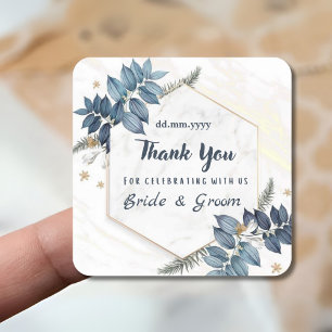 Sticker Carré Blanc Bleu Floral Merci mariage Faveurs
