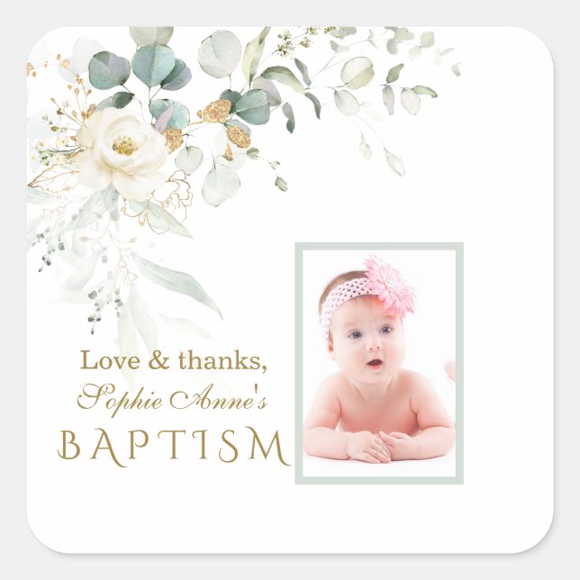 Sticker Carré Blanc Floral Airy Green Girl Photo Baptism Fav (Devant)