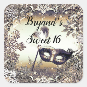 Sticker Carré Blanc Or Bronze Mascarade & Flocons de Neige