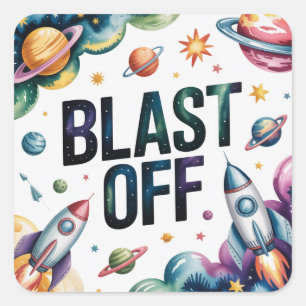 Sticker Carré Blast Off Space Boy Astronaut fête d'anniversaire