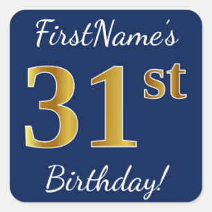 Sticker Carré Bleu, anniversaire d'or de Faux 31ème + Nom fait