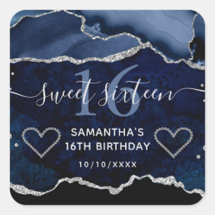 Sticker Carré Bleu & Argent Parties scintillant Agate Marbre Swe