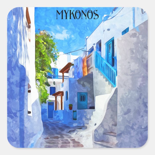 Sticker Carré Bleu blanc élégant Mykonos Grèce Aquarelle (Devant)