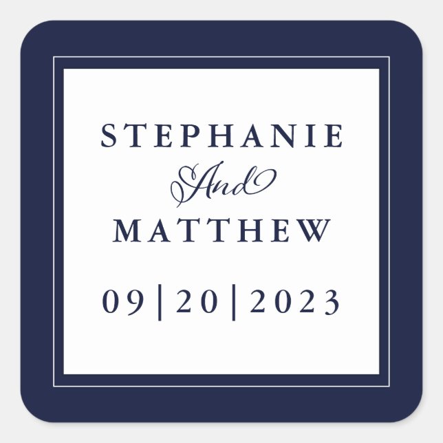 Sticker Carré Bleu Blanc Mariage Élégante Calligraphie Chic Cadr (Devant)