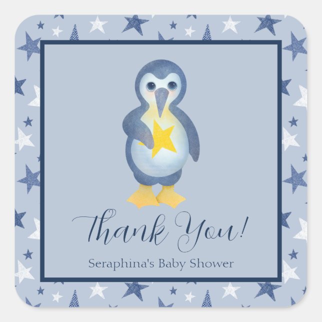 Sticker Carré Bleu Blanc Penguin étoiles Baby shower Merci (Devant)