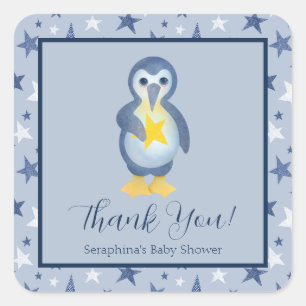 Sticker Carré Bleu Blanc Penguin étoiles Baby shower Merci