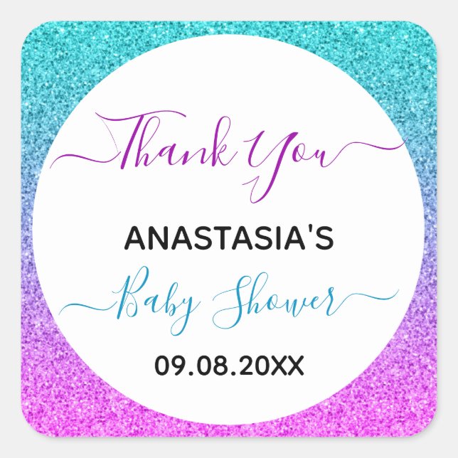 Sticker Carré Bleu bleu clair violet Merci Baby shower (Devant)