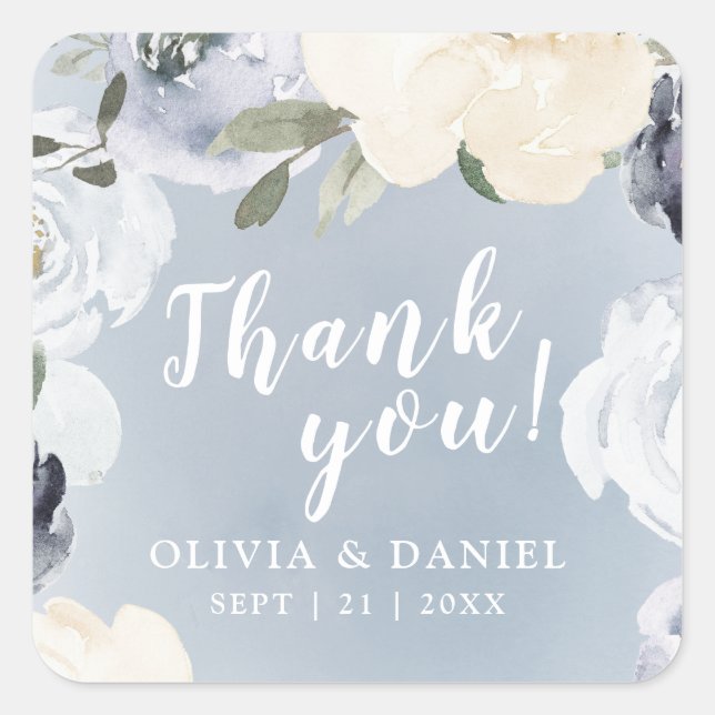 Sticker Carré Bleu bleu foncé en fleurs mariage merci (Devant)