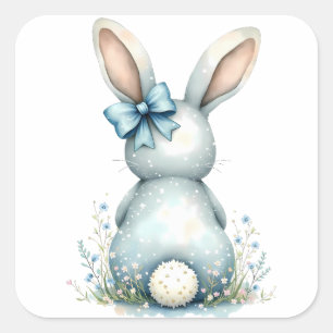 Sticker Carré Bleu Bunny Tail Lapin de Pâques avec Oeufs