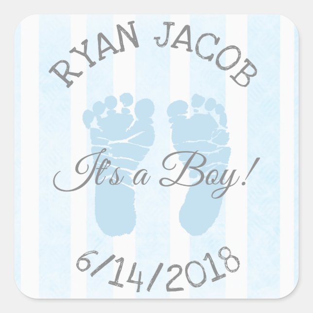 Sticker Carré Bleu C'est un garçon Empreintes Baby shower Sticke (Devant)
