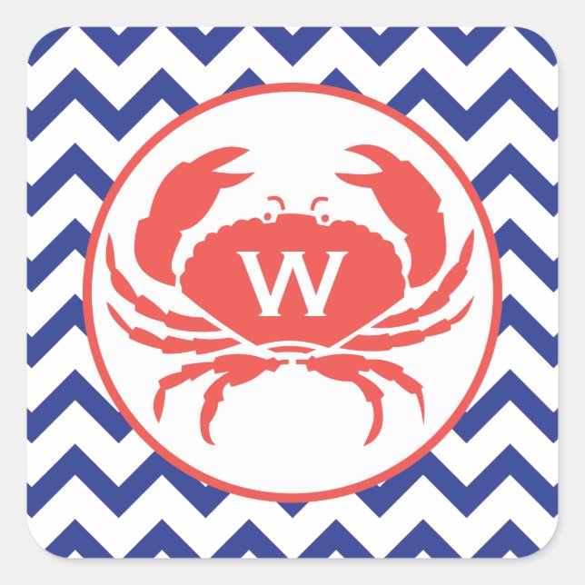 Sticker Carré Bleu chevalet de crabe de Monogramme Chevron (Devant)