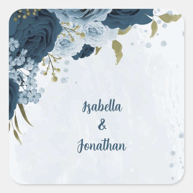 Sticker Carré bleu clair marine fleurs mariage (Devant)