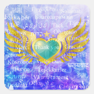 Sticker Carré Bleu Coeur Ange Ailes avec MERCI 31 langues