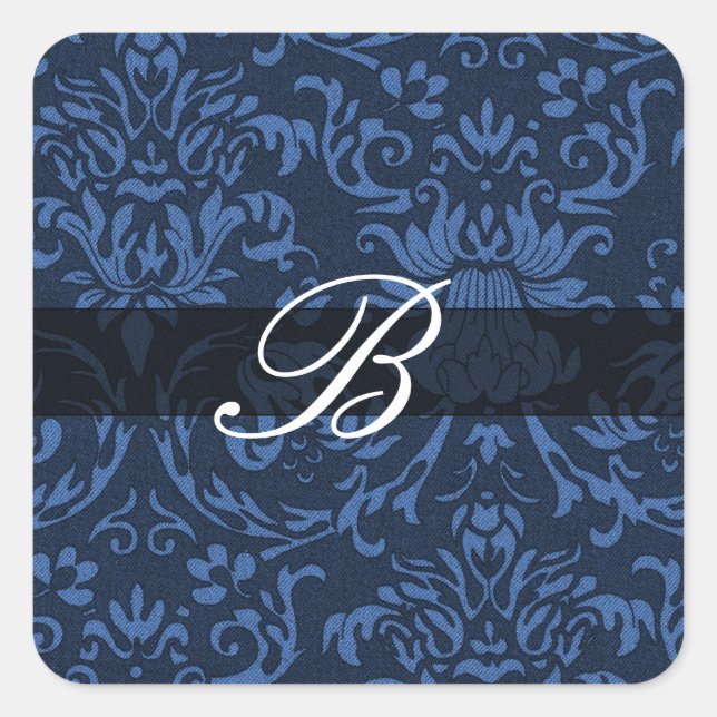 Sticker Carré Bleu damas avec monogramme calligraphie B (Devant)