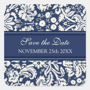 Sticker Carré Bleu Damas Enregistrer la date Enveloppe Sceau