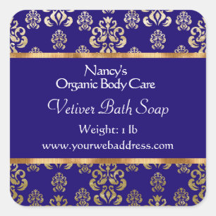 Sticker Carré Bleu damask & or foil savon & cosmétiques étiquett