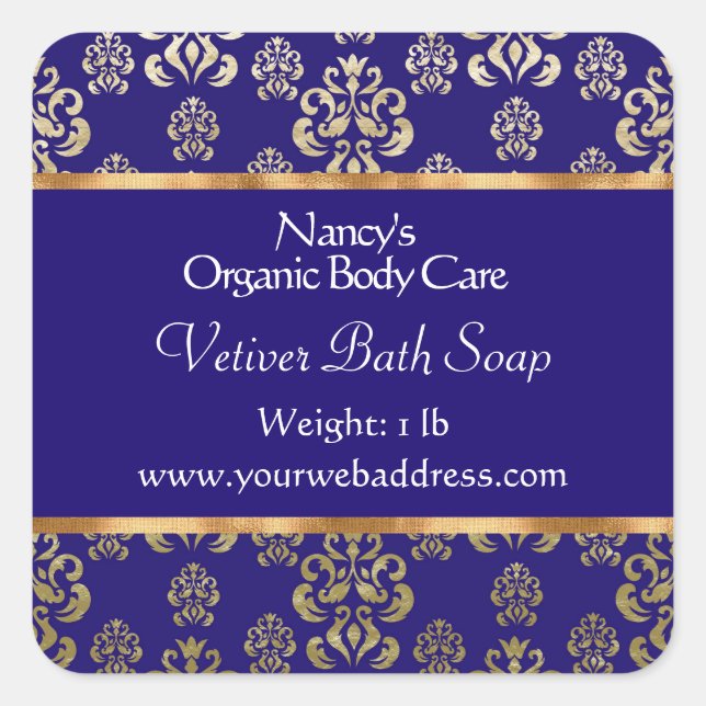 Sticker Carré Bleu damask & or foil savon & cosmétiques étiquett (Devant)