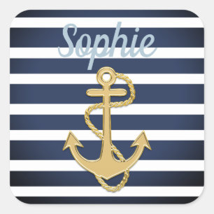 Sticker Carré Bleu et Ancre or Nautique