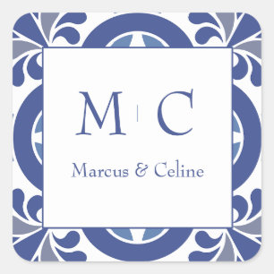 Sticker Carré Bleu et blanc Côte Mariage méditerranéen