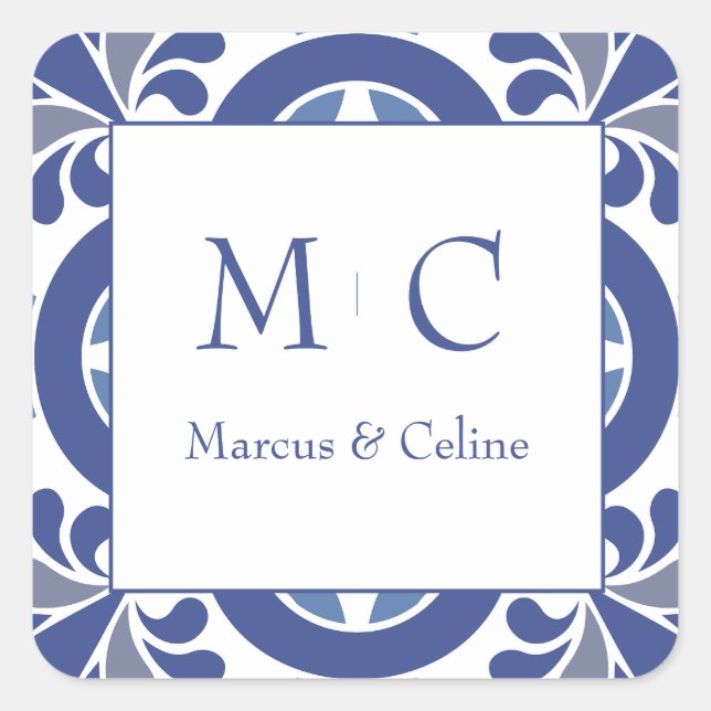 Sticker Carré Bleu et blanc Côte Mariage méditerranéen (Devant)