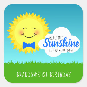 Sticker Carré Bleu et Jaune soleil fête d'anniversaire