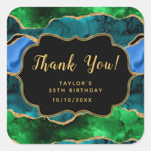 Sticker Carré Bleu et vert Peacock Agate Anniversaire Merci