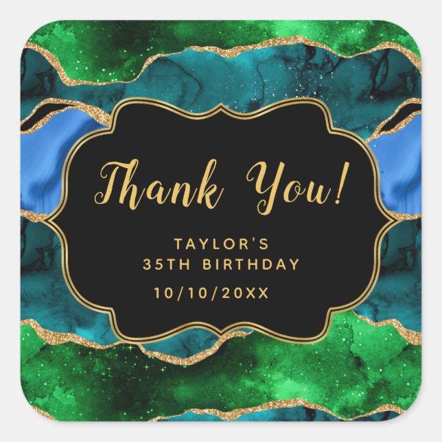 Sticker Carré Bleu et vert Peacock Agate Anniversaire Merci (Devant)