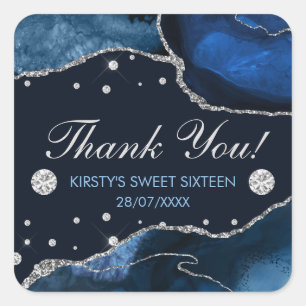 Sticker Carré Bleu & Faux Argent Parties scintillant Agate Anniv