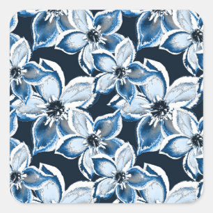 Sticker Carré Bleu, fleurs blanches sur un arrière - plan noir.