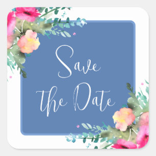 Sticker Carré Bleu Floral rose Rosebud Mariage Enregistrer la da