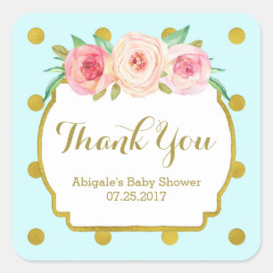 Sticker Carré Bleu Gold Dots Floral Baby shower Favoriser les ét