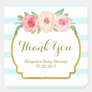 Sticker Carré Bleu Gris rose Baby shower floral Favoriser les ét