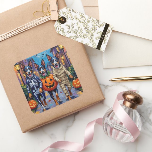 Sticker Carré Bleu Heeler Chiens Trick-or-Treating in Halloween  (Cadeaux)