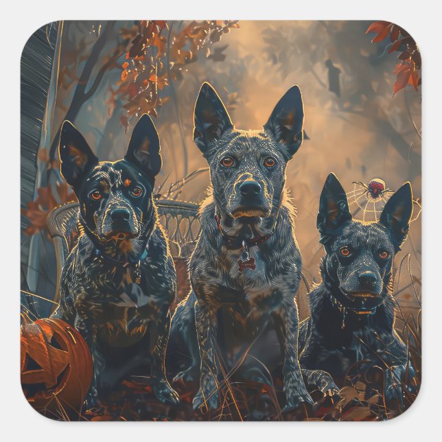 Sticker Carré Bleu Heeler Halloween nuit chien délice (Devant)