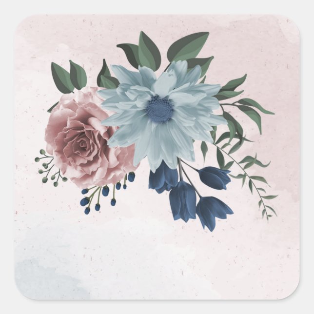 Sticker Carré bleu marine rose roux bleu vert fleuri mariage (Devant)