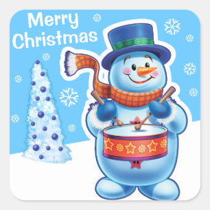 sticker carré bleu Noël Snowman batteur.