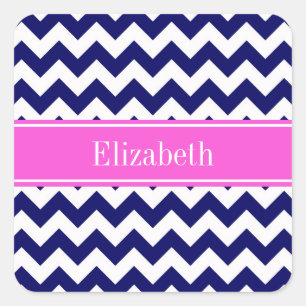 Sticker Carré Bleu Nuit Blanc Chevron Rose Chaud Monogramme Nom
