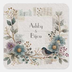 Sticker Carré Bleu Oiseau sarcelle poussiéreuse floral art popul