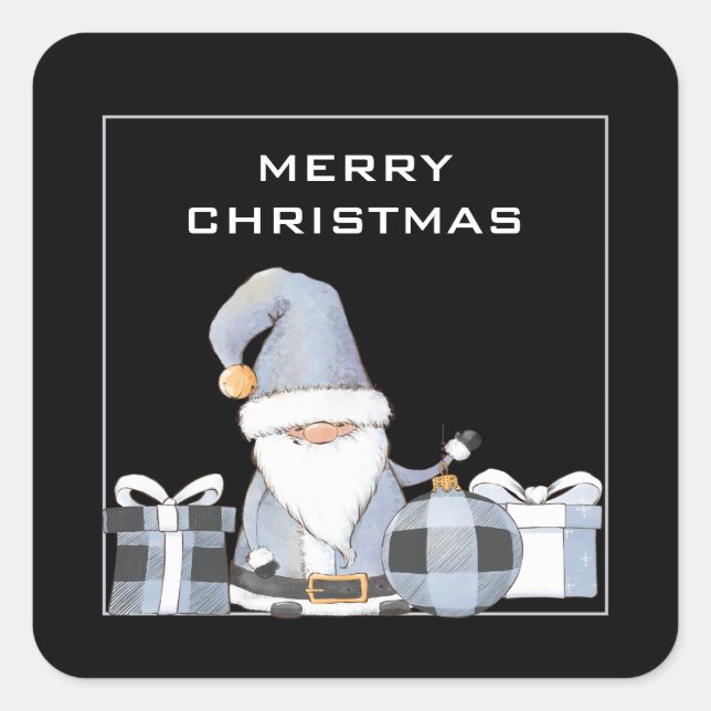 Sticker Carré Bleu Père Noël Gnome avec chevalet Carré Cadeaux (Devant)