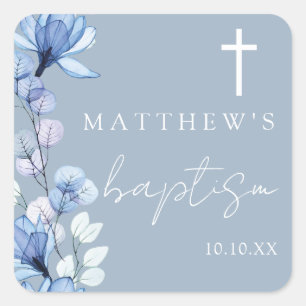 Sticker Carré Bleu Poussiéreux Élégant Moderne Floral Baptême