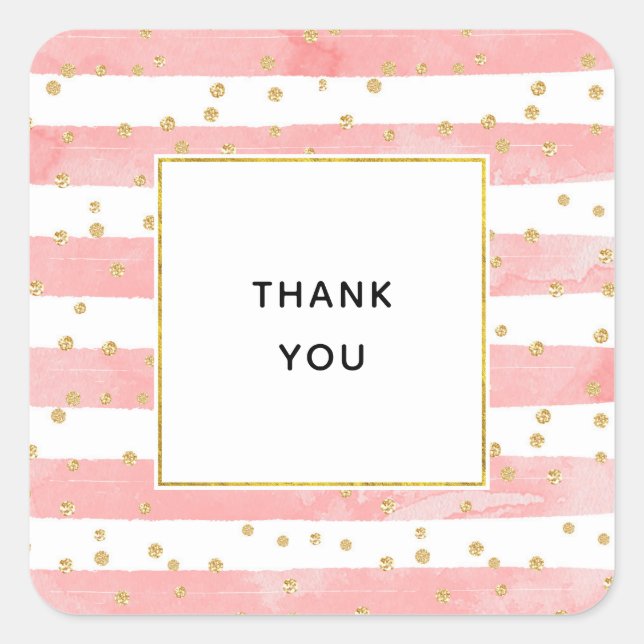 Sticker Carré Bleu rose | Faux Gold Confetti Merci (Devant)