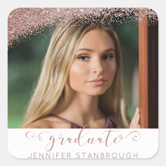 Sticker Carré Bleu & Rose Gold Elegant Script Graduate Photo (Devant)