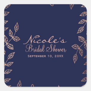 Sticker Carré Bleu & Rose Gold Glam Botanique Mariage élégant