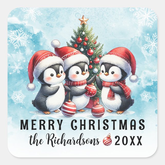 Sticker Carré Bleu rouge Trois pingouins amusants Joyeux Noël (Devant)