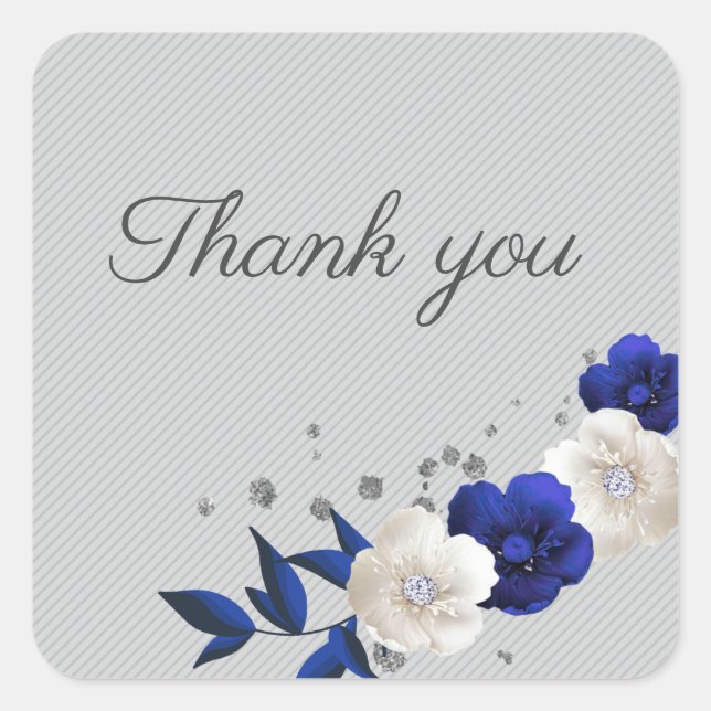 Sticker Carré bleu royal rose blanc fleurs gris merci (Devant)