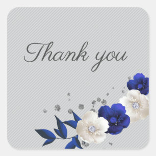 Sticker Carré bleu royal rose blanc fleurs gris merci