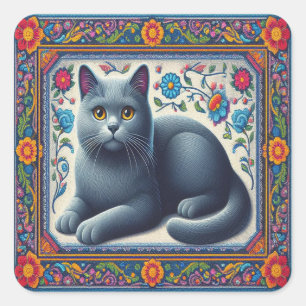 Sticker Carré Bleu russe réaliste Chat Colorful Frontière floral